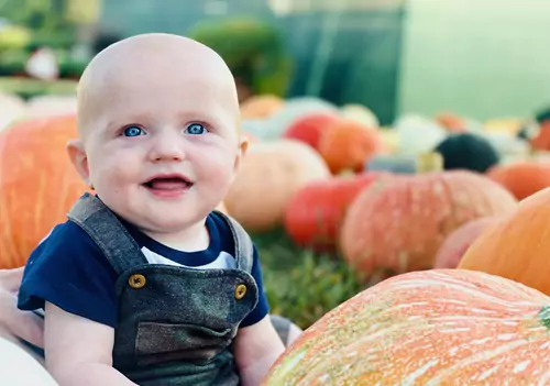 A baby smiles in a pumpkin patch at Tanners Orchard. In addition to pumpkins, Tanners Orchard offers apples. If you're wondering "How Healthy Are Apples" come chat with us.