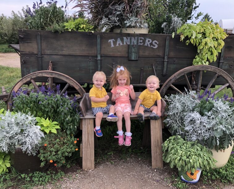 Three children sit in front of a wagon at Tanners Orchard, which offers farm attractions & activities in Illinois