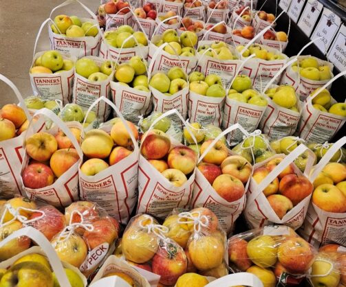 Bags of apples ready to be sold at the Farm Market at Tanners Orchard